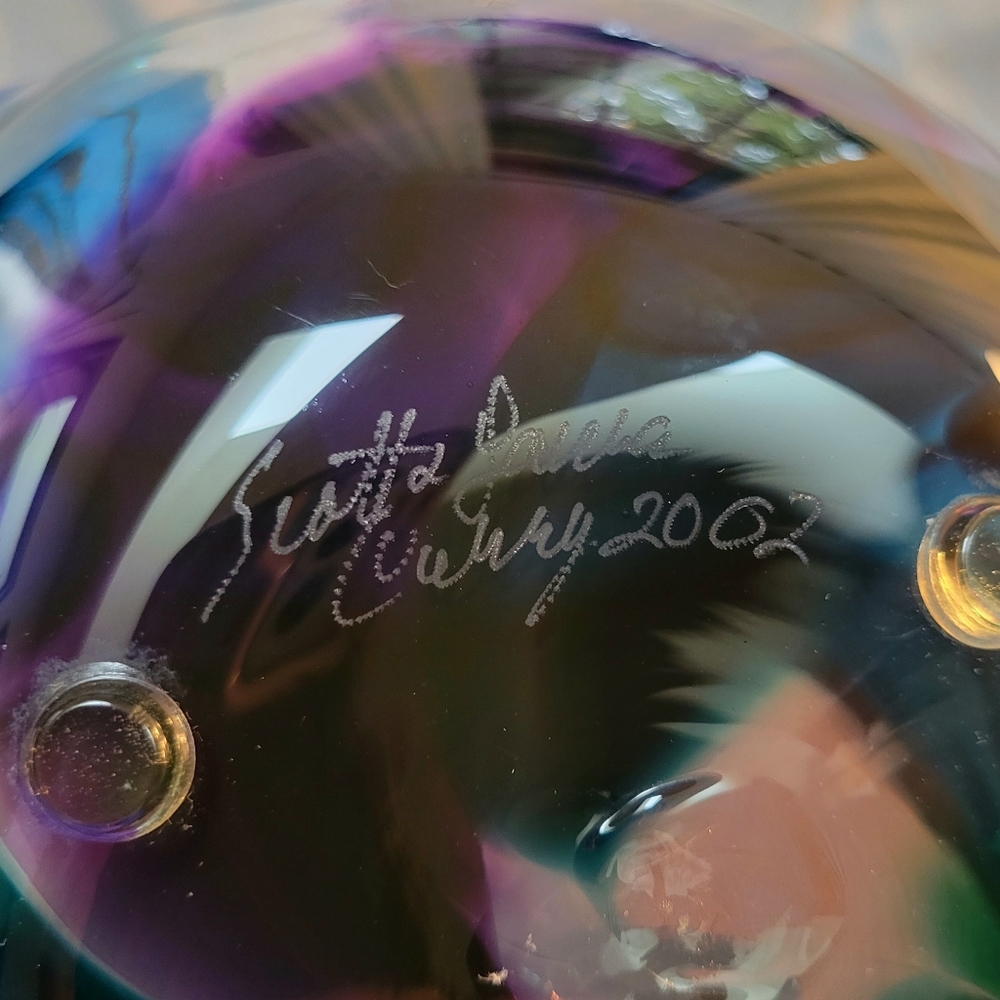 Scott & Laura Curry PNW Art Glass Blue/Gold Large Ruffled Handkerchief Bowl 2002 - Picture 8 of 10